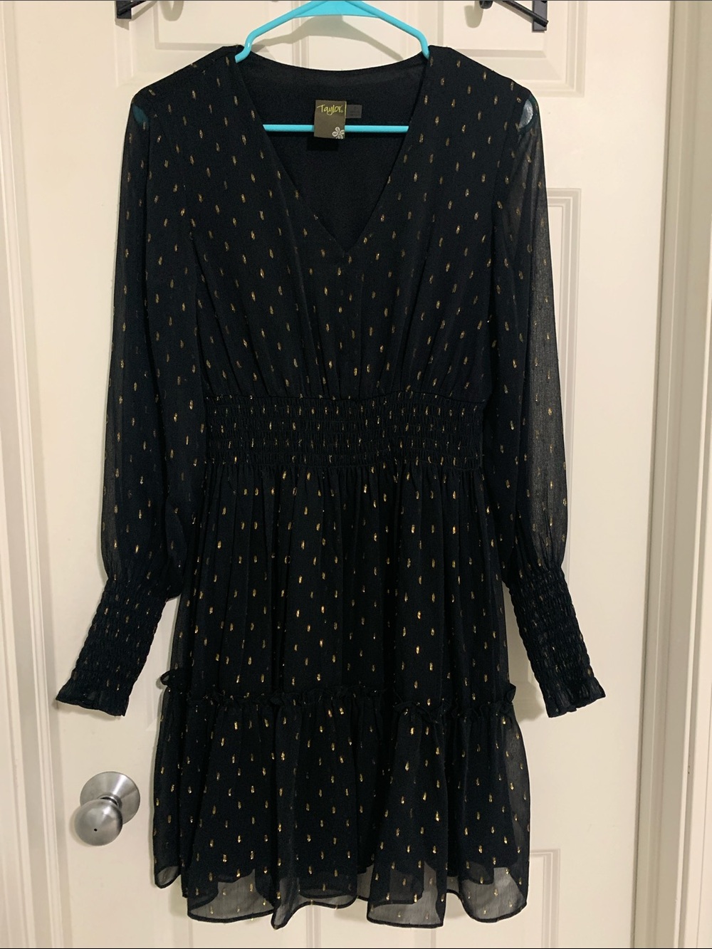 Taylor Black Long Sleeve V-Neck Dress with Gold Dot Accents